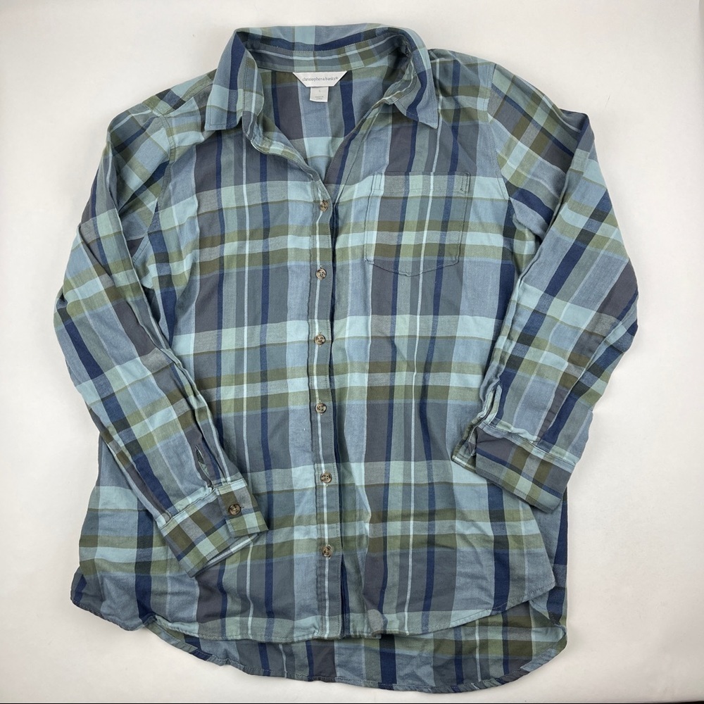 Christopher & Banks Button Up Shirt Womens Large Blue Plaid Long Sleeve